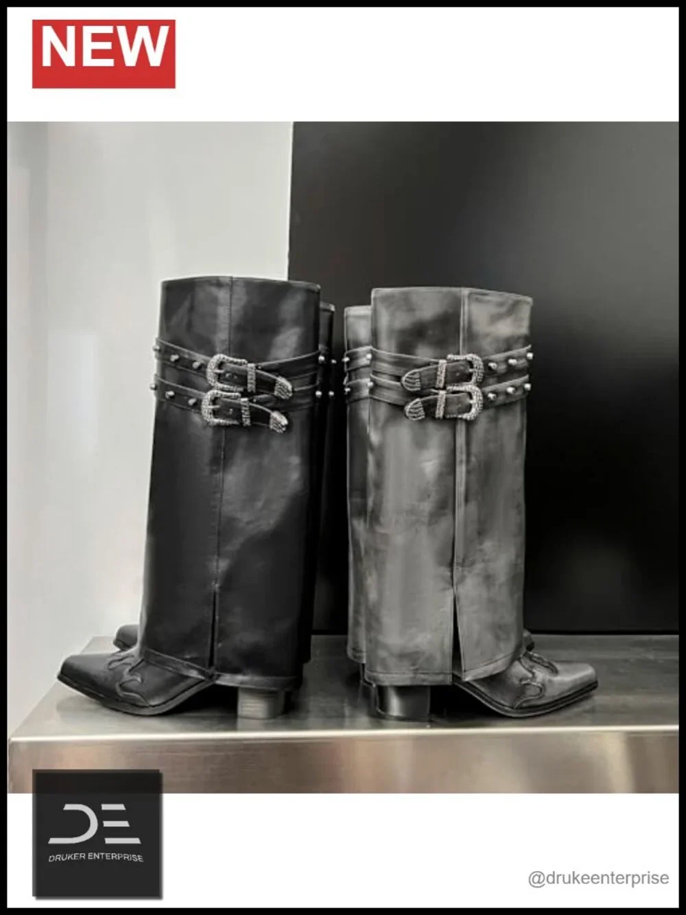 Fold Over Knee High Boots Chunky Block Heel Pull On Wide Calf Embroidered